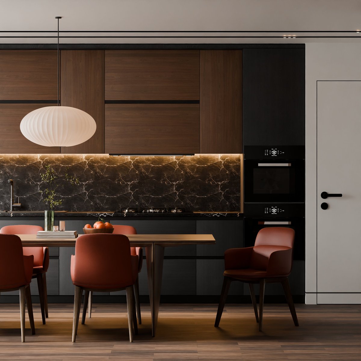 Contemporary luxury kitchen with dark wood cabinetry and a striking marble backsplash