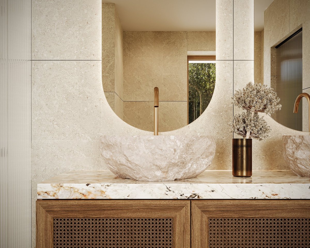 Contemporary bathroom vanity with stone countertop and refined finishes