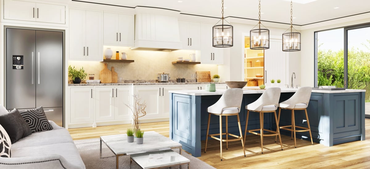 Modern kitchen with pantry storage, stone countertops, and a large island